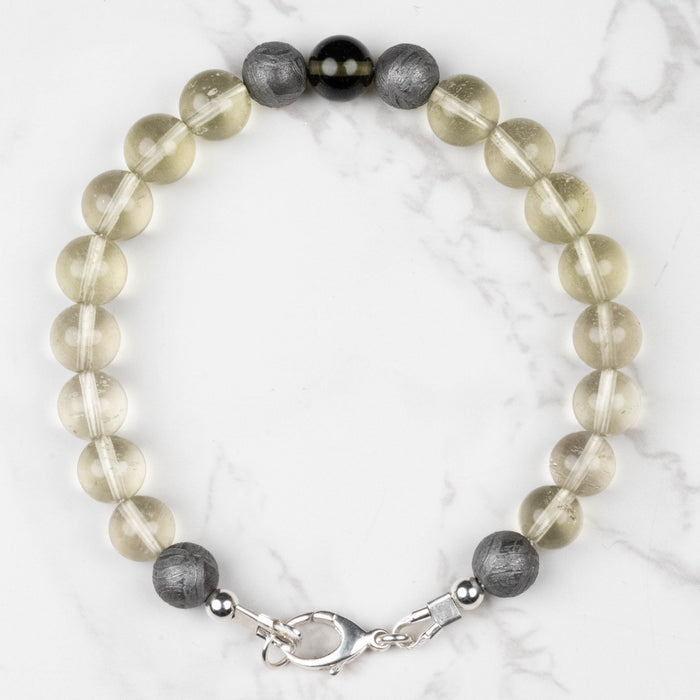 Moldavite + Meteorite + Libyan Desert Glass Bead Bracelet 8" .925 Silver - InnerVision Crystals