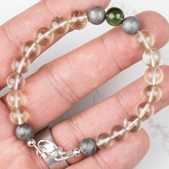 Moldavite + Meteorite + Libyan Desert Glass Bead Bracelet 8" .925 Silver - InnerVision Crystals
