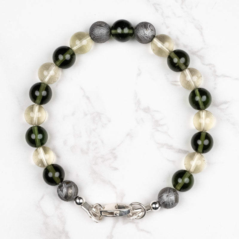 Moldavite + Meteorite + Libyan Desert Glass Bead Bracelet 8" .925 Silver - InnerVision Crystals