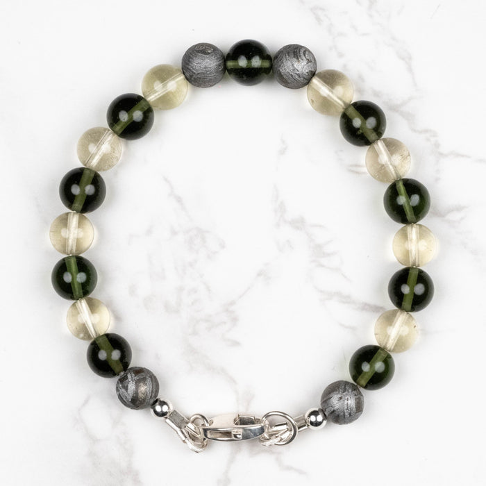 Moldavite + Meteorite + Libyan Desert Glass Bead Bracelet 8" .925 Silver - InnerVision Crystals