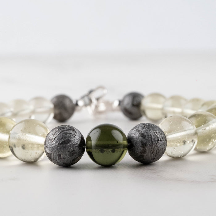 Moldavite + Meteorite + Libyan Desert Glass Bead Bracelet 8" .925 Silver - InnerVision Crystals