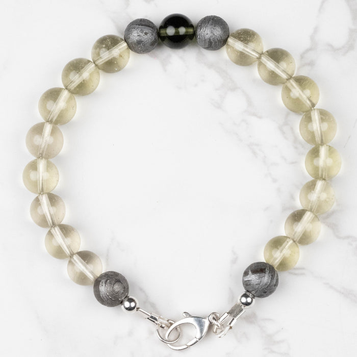 Moldavite + Meteorite + Libyan Desert Glass Bead Bracelet 8" .925 Silver - InnerVision Crystals