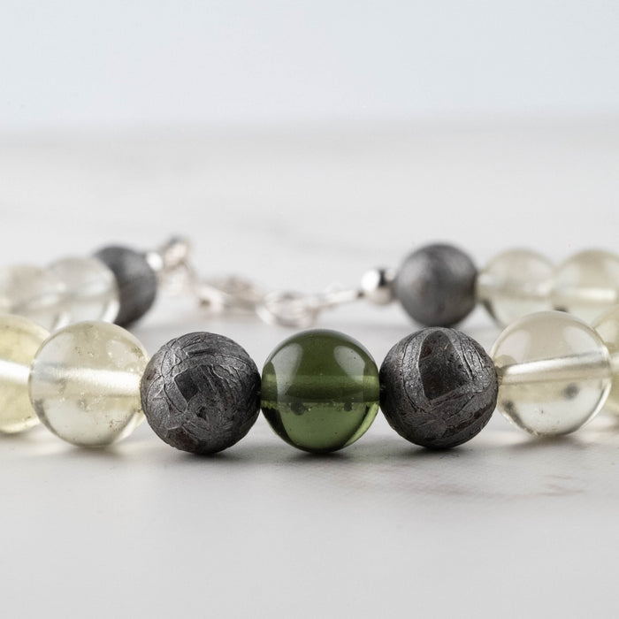 Moldavite + Meteorite + Libyan Desert Glass Bead Bracelet 8" .925 Silver - InnerVision Crystals