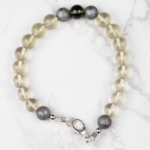 Moldavite + Meteorite + Libyan Desert Glass Bead Bracelet 8" .925 Silver - InnerVision Crystals
