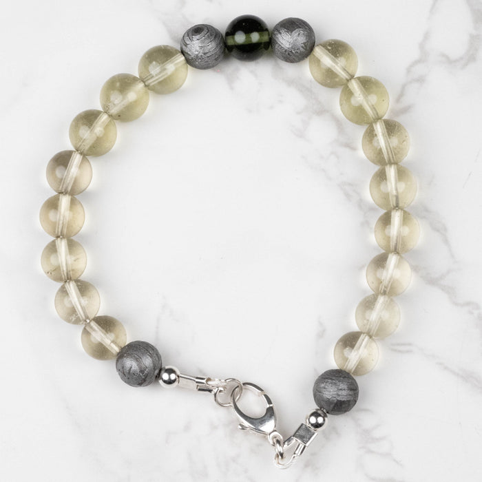 Moldavite + Meteorite + Libyan Desert Glass Bead Bracelet 8" .925 Silver - InnerVision Crystals