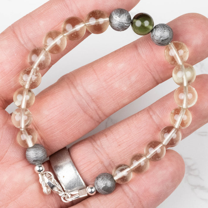Moldavite + Meteorite + Libyan Desert Glass Bead Bracelet 8" .925 Silver - InnerVision Crystals