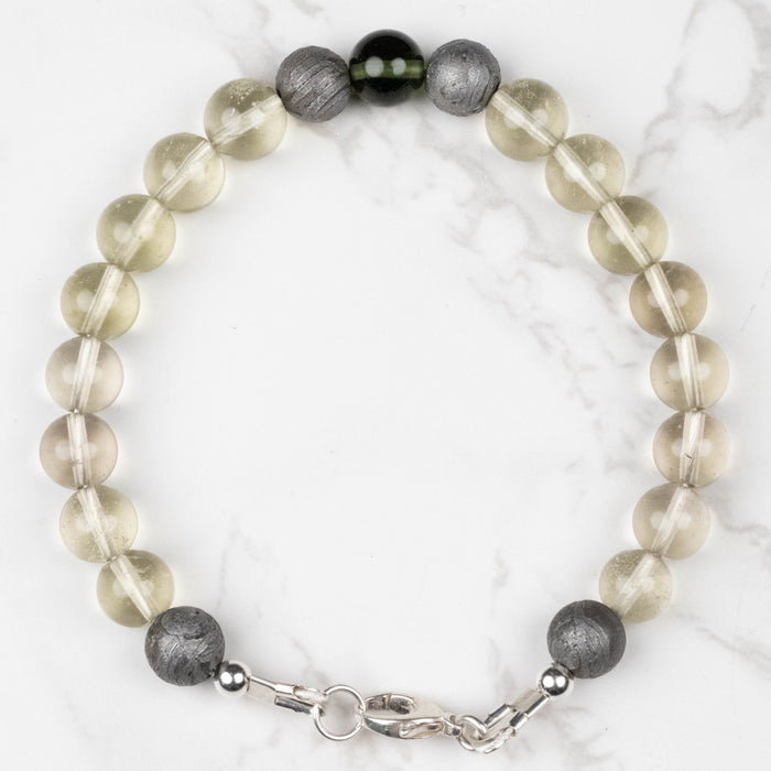 Moldavite + Meteorite + Libyan Desert Glass Bead Bracelet 8" .925 Silver - InnerVision Crystals