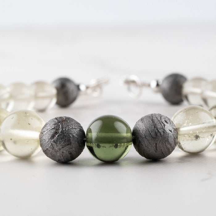 Moldavite + Meteorite + Libyan Desert Glass Bead Bracelet 8" .925 Silver - InnerVision Crystals