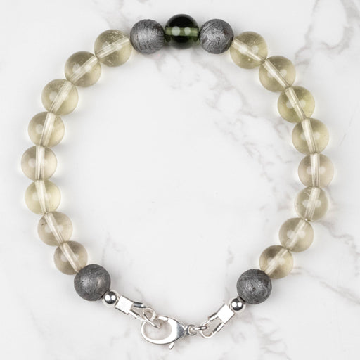 Moldavite + Meteorite + Libyan Desert Glass Bead Bracelet 8" .925 Silver - InnerVision Crystals
