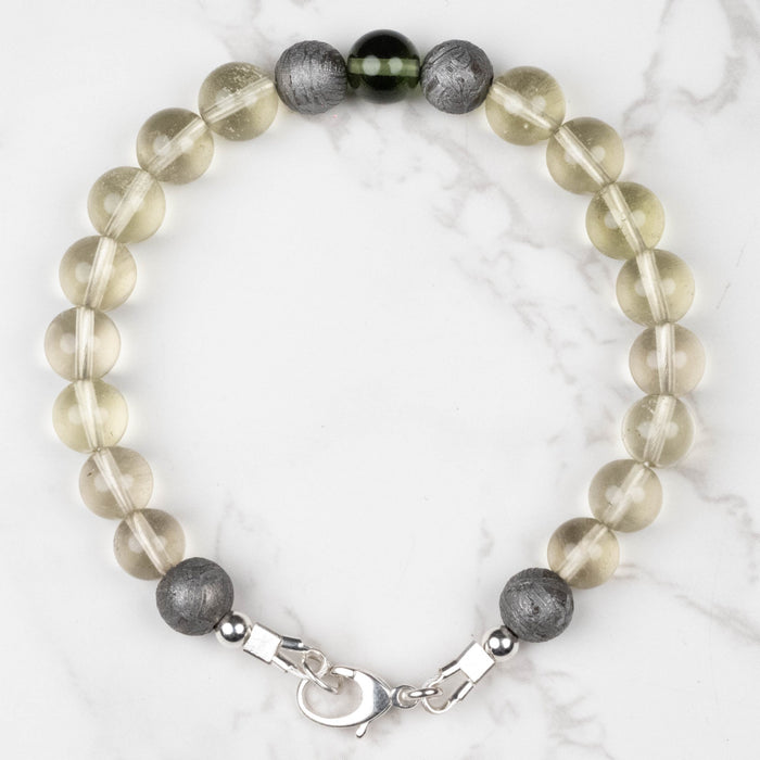Moldavite + Meteorite + Libyan Desert Glass Bead Bracelet 8" .925 Silver - InnerVision Crystals