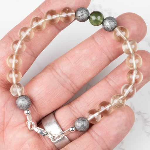 Moldavite + Meteorite + Libyan Desert Glass Bead Bracelet 8" .925 Silver - InnerVision Crystals