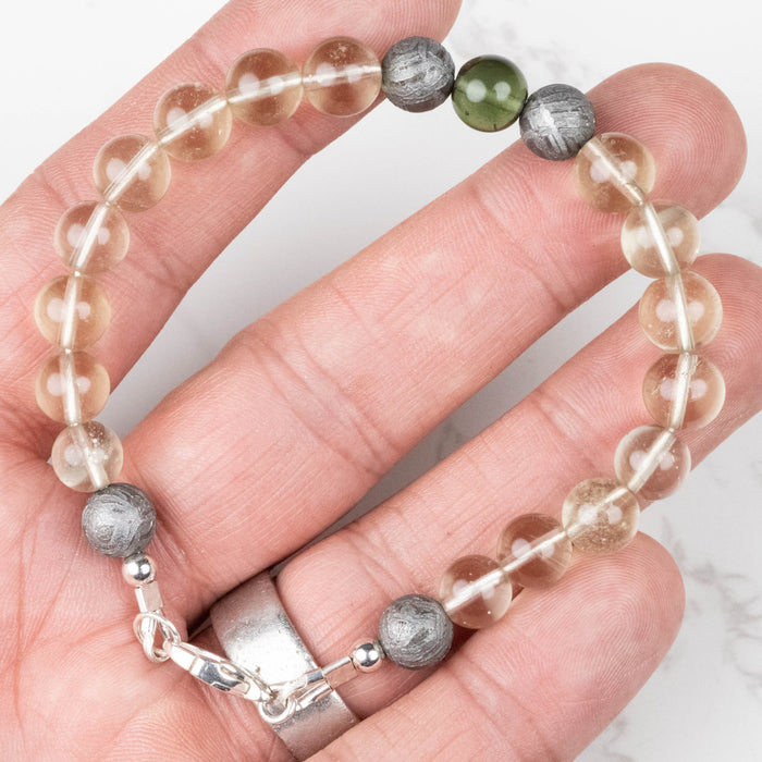 Moldavite + Meteorite + Libyan Desert Glass Bead Bracelet 8" .925 Silver - InnerVision Crystals