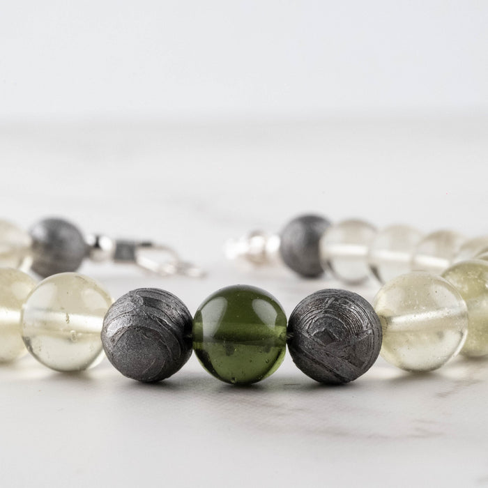 Moldavite + Meteorite + Libyan Desert Glass Bead Bracelet 8" .925 Silver - InnerVision Crystals