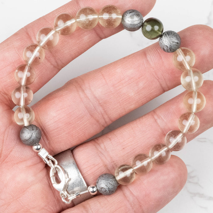 Moldavite + Meteorite + Libyan Desert Glass Bead Bracelet 8" .925 Silver - InnerVision Crystals