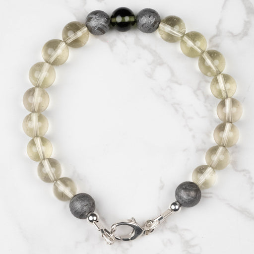 Moldavite + Meteorite + Libyan Desert Glass Bead Bracelet 8" .925 Silver - InnerVision Crystals