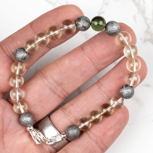 Moldavite + Meteorite + Libyan Desert Glass Bead Bracelet 8.5" .925 Silver - InnerVision Crystals