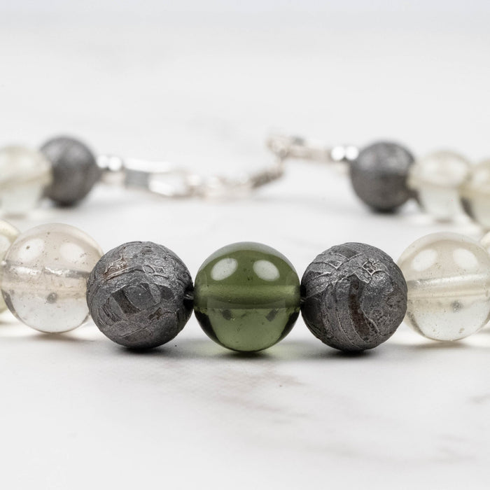 Moldavite + Meteorite + Libyan Desert Glass Bead Bracelet 8.5" .925 Silver - InnerVision Crystals