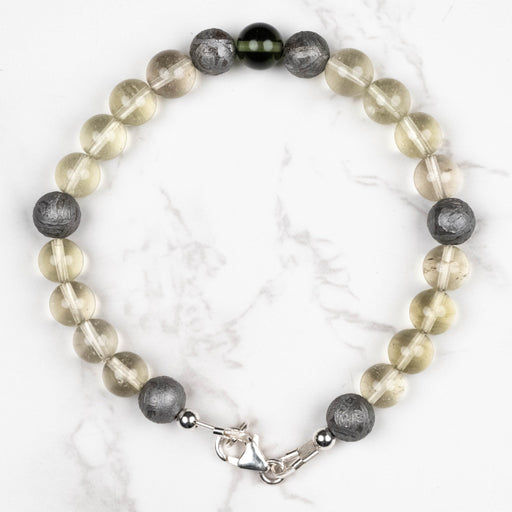Moldavite + Meteorite + Libyan Desert Glass Bead Bracelet 8.5" .925 Silver - InnerVision Crystals