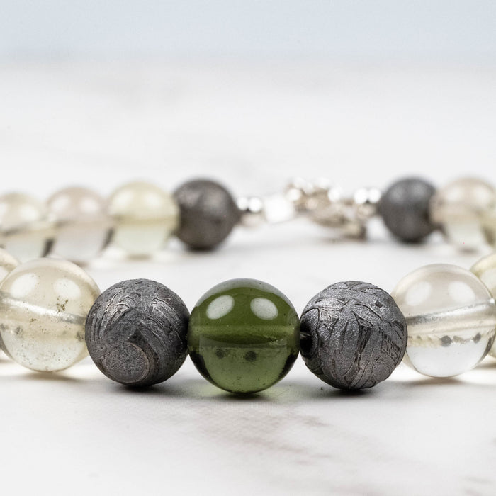 Moldavite + Meteorite + Libyan Desert Glass Bead Bracelet 8.75" .925 Silver - InnerVision Crystals
