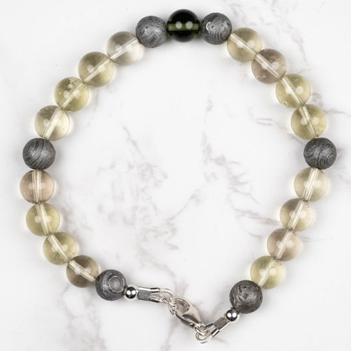 Moldavite + Meteorite + Libyan Desert Glass Bead Bracelet 8.75" .925 Silver - InnerVision Crystals