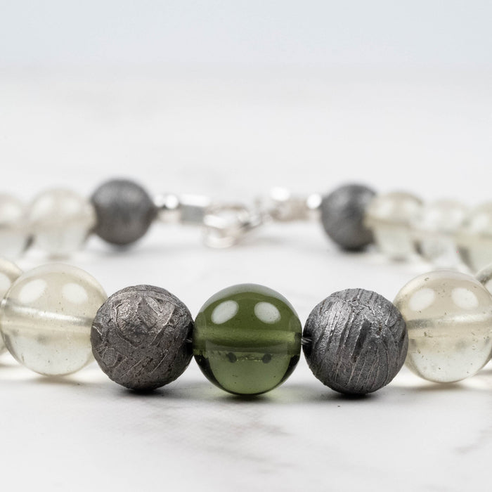 Moldavite + Meteorite + Libyan Desert Glass Bead Bracelet 9" .925 Silver - InnerVision Crystals
