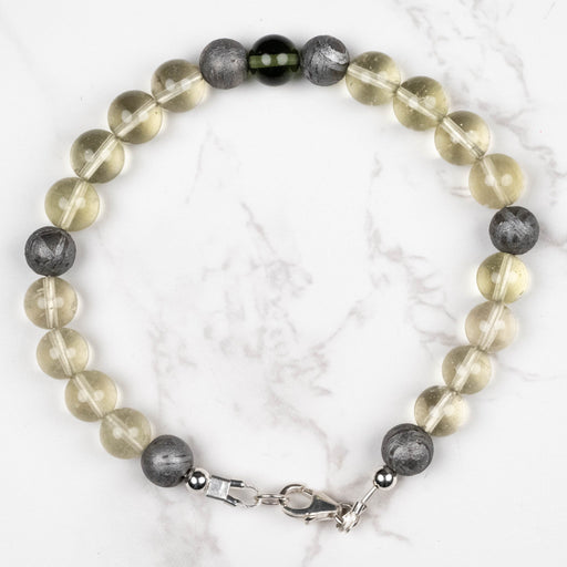 Moldavite + Meteorite + Libyan Desert Glass Bead Bracelet 9" .925 Silver - InnerVision Crystals
