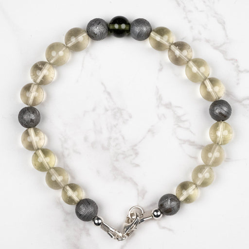 Moldavite + Meteorite + Libyan Desert Glass Bead Bracelet 9" .925 Silver - InnerVision Crystals