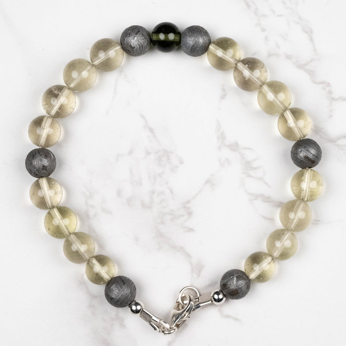 Moldavite + Meteorite + Libyan Desert Glass Bead Bracelet 9" .925 Silver - InnerVision Crystals