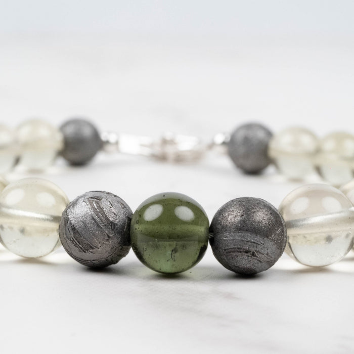 Moldavite + Meteorite + Libyan Desert Glass Bead Bracelet 9" .925 Silver - InnerVision Crystals