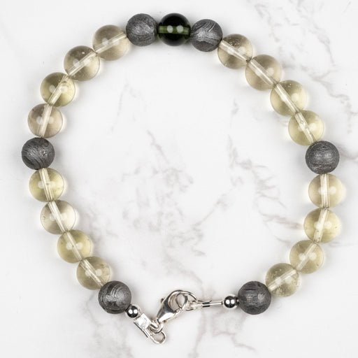 Moldavite + Meteorite + Libyan Desert Glass Bead Bracelet 9" .925 Silver - InnerVision Crystals