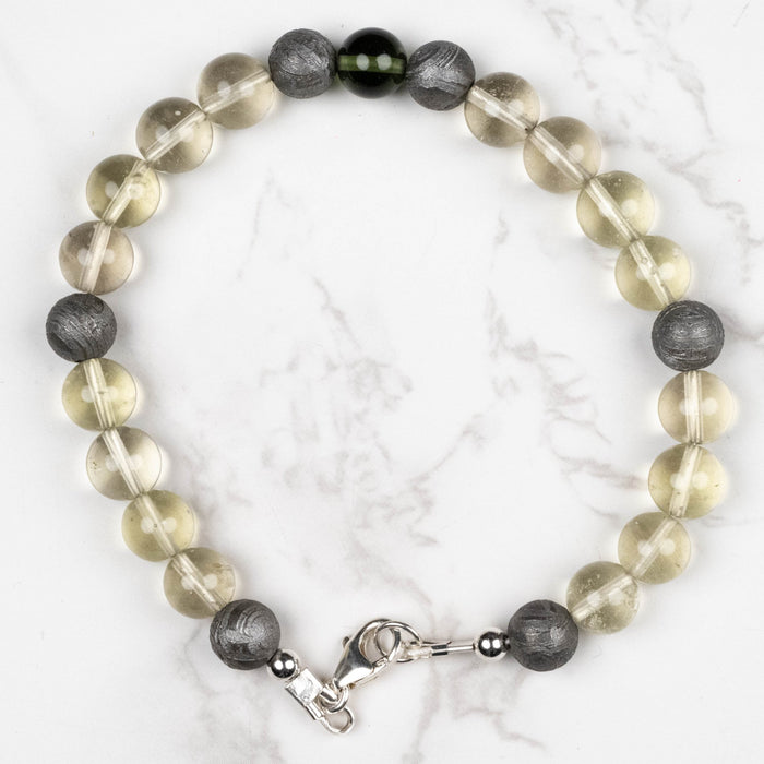 Moldavite + Meteorite + Libyan Desert Glass Bead Bracelet 9" .925 Silver - InnerVision Crystals