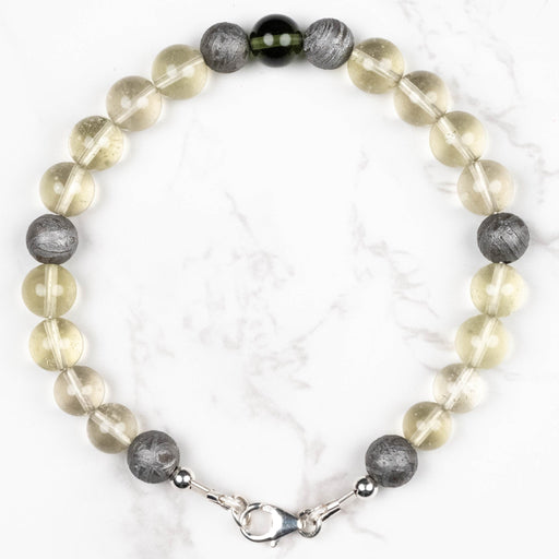 Moldavite + Meteorite + Libyan Desert Glass Bead Bracelet 9" .925 Silver - InnerVision Crystals
