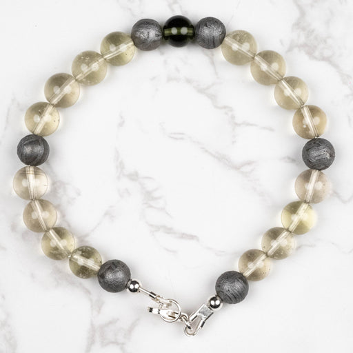 Moldavite + Meteorite + Libyan Desert Glass Bead Bracelet 9" .925 Silver - InnerVision Crystals