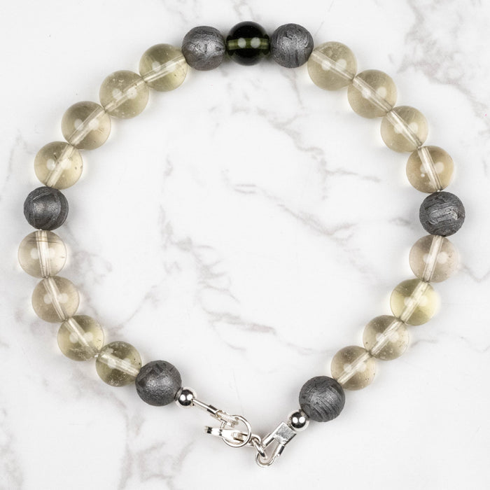 Moldavite + Meteorite + Libyan Desert Glass Bead Bracelet 9" .925 Silver - InnerVision Crystals