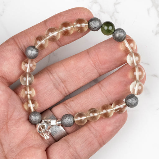 Moldavite + Meteorite + Libyan Desert Glass Bead Bracelet 9" .925 Silver - InnerVision Crystals