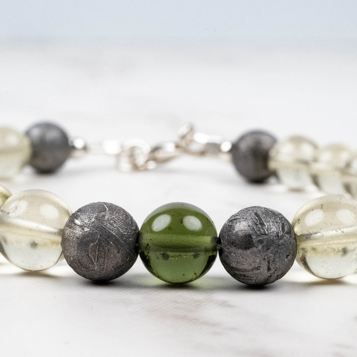 Moldavite + Meteorite + Libyan Desert Glass Bead Bracelet 9" .925 Silver - InnerVision Crystals