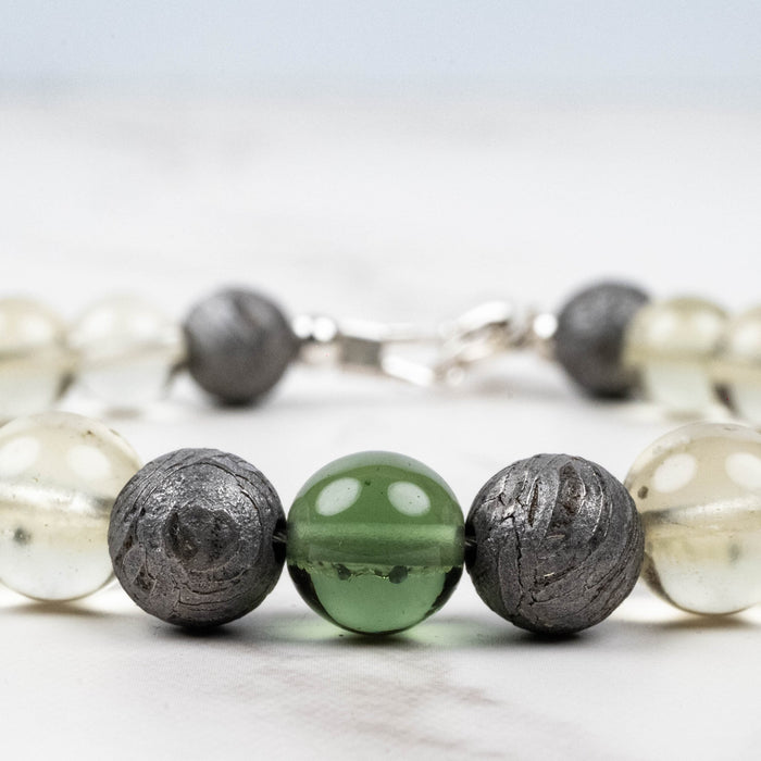 Moldavite + Meteorite + Libyan Desert Glass Bead Bracelet 9" .925 Silver - InnerVision Crystals