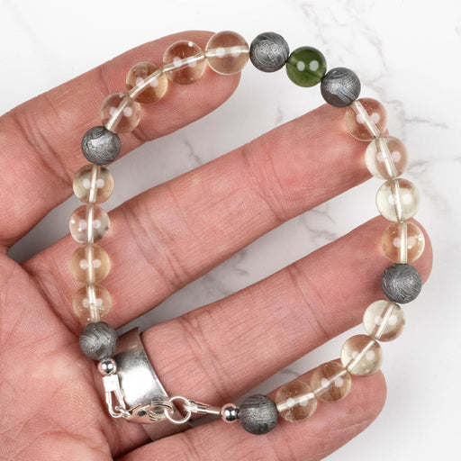 Moldavite + Meteorite + Libyan Desert Glass Bead Bracelet 9" .925 Silver - InnerVision Crystals