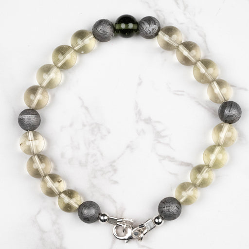 Moldavite + Meteorite + Libyan Desert Glass Bead Bracelet 9" .925 Silver - InnerVision Crystals