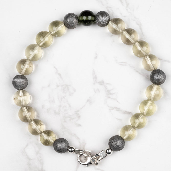 Moldavite + Meteorite + Libyan Desert Glass Bead Bracelet 9" .925 Silver - InnerVision Crystals
