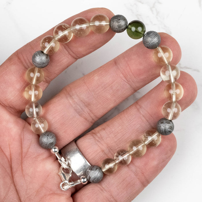 Moldavite + Meteorite + Libyan Desert Glass Bead Bracelet 9" .925 Silver - InnerVision Crystals