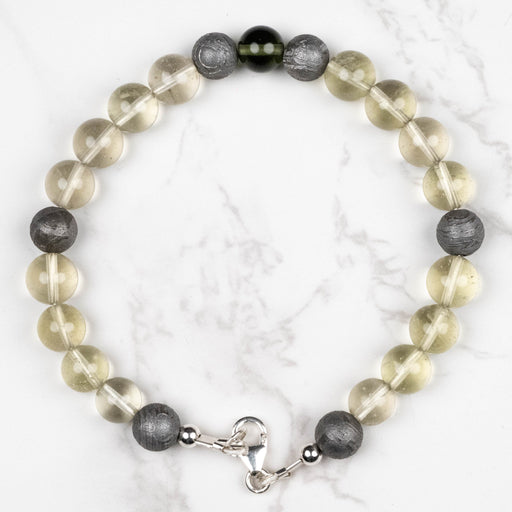 Moldavite + Meteorite + Libyan Desert Glass Bead Bracelet 9" .925 Silver - InnerVision Crystals