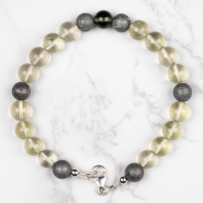 Moldavite + Meteorite + Libyan Desert Glass Bead Bracelet 9" .925 Silver - InnerVision Crystals