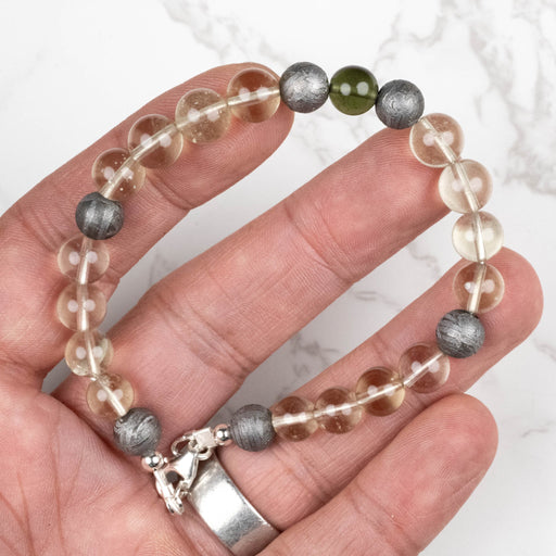 Moldavite + Meteorite + Libyan Desert Glass Bead Bracelet 9" .925 Silver - InnerVision Crystals