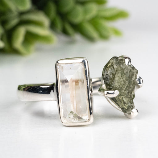 Moldavite + Moonstone 7 - 8mm Size 9 .925 Silver - InnerVision Crystals