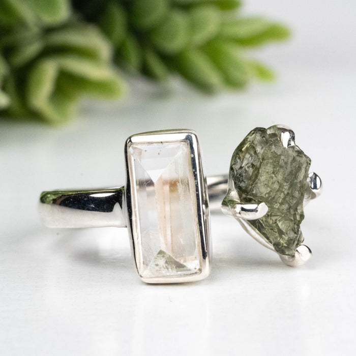Moldavite + Moonstone 7 - 8mm Size 9 .925 Silver - InnerVision Crystals