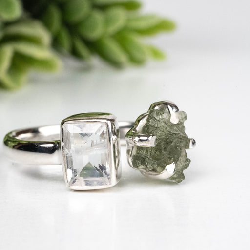 Moldavite + Moonstone 7 - 8mm Size 9 .925 Silver - InnerVision Crystals