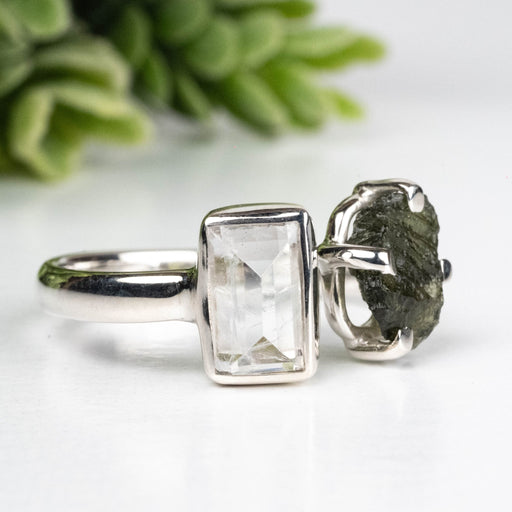 Moldavite + Moonstone 7 - 8mm Size 9 .925 Silver - InnerVision Crystals