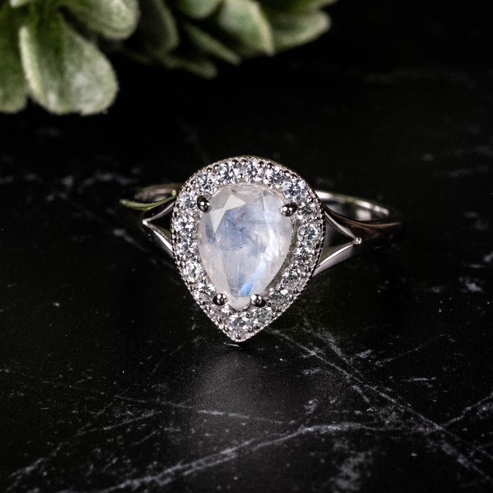 Moonstone Ring 8x6mm + 1.5mm White Topaz .925 Silver | Choose Size - InnerVision Crystals