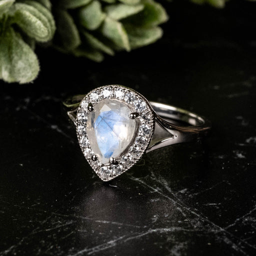 Moonstone Ring 8x6mm + 1.5mm White Topaz .925 Silver | Choose Size - InnerVision Crystals
